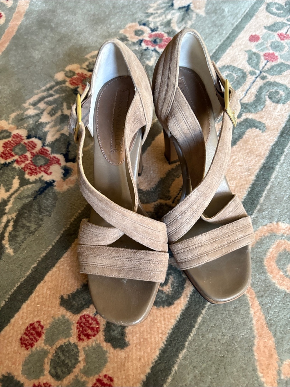Banana Republic Taupe Suede Strappy Heels with Gold Buckle